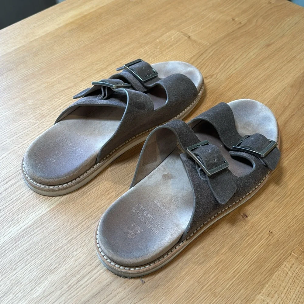 Brunello Cucinelli Men’s Brown Suede Double-Buckle Sandals